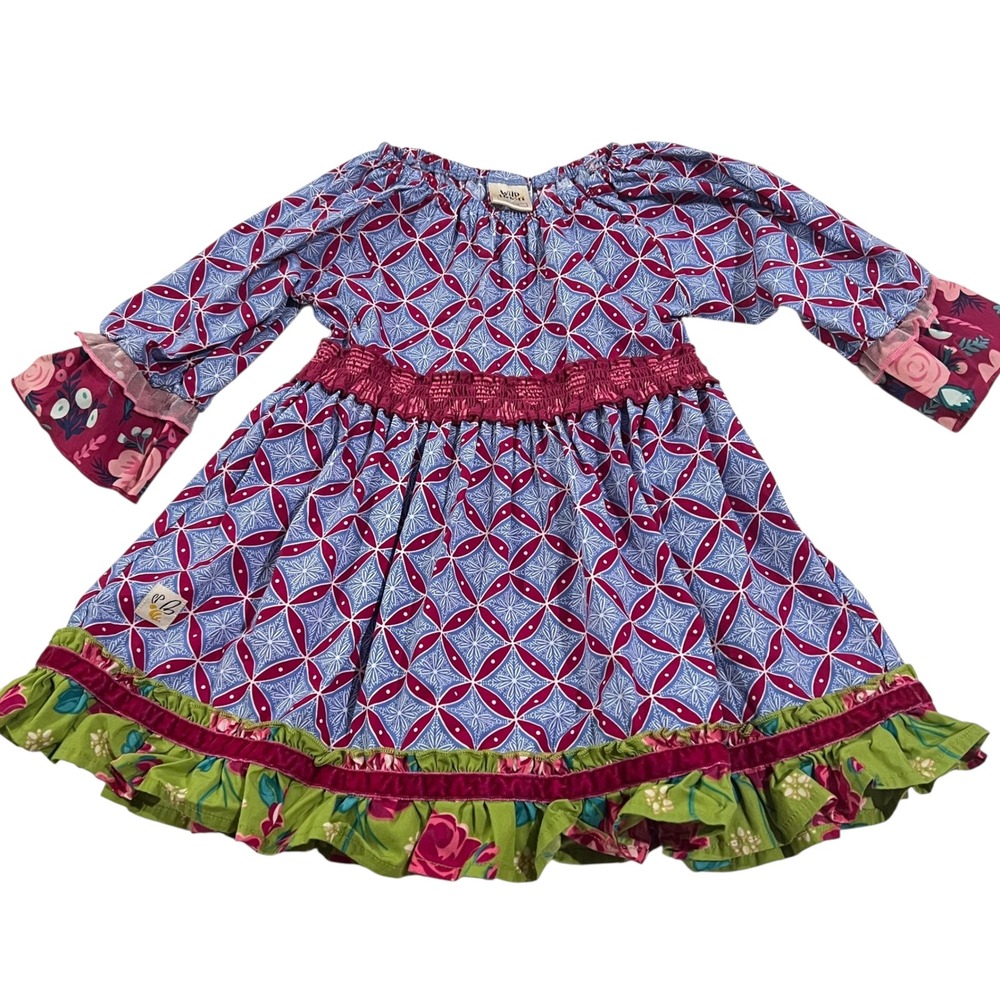 Wild Flowers Burgundy, Blue & Green Floral Ruffle Dress Kid's Size‎ 4